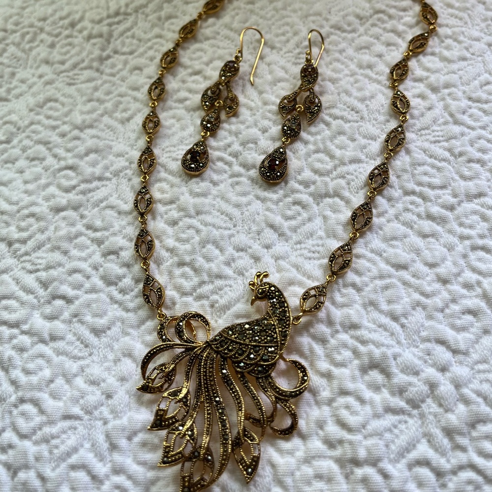 Brass Plated Peacock Necklace with matching earrings